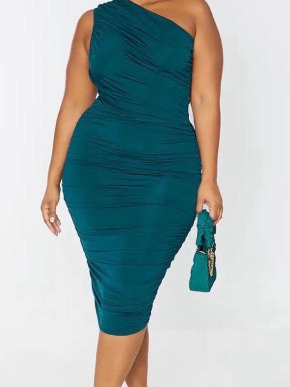 PrettyLittleThing emerald green One-Shoulder Ruched Bodycon Dress